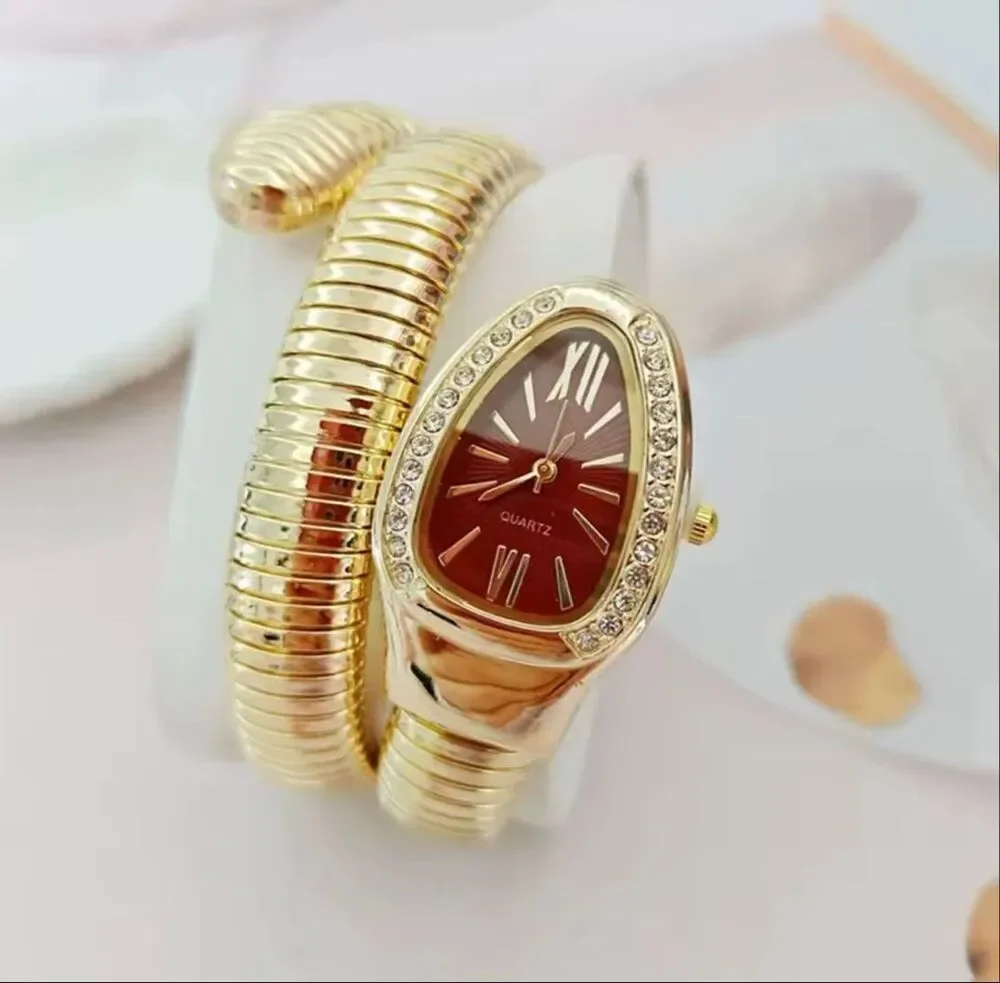 Luxurious Gold Serpentine Bracelet Watch Crystal Burgundy Elegant Dial NWOT